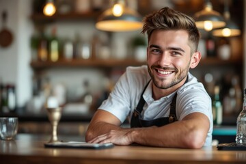Obraz premium portrait of a young smiling Lithuanian male bartender against blurred bar background