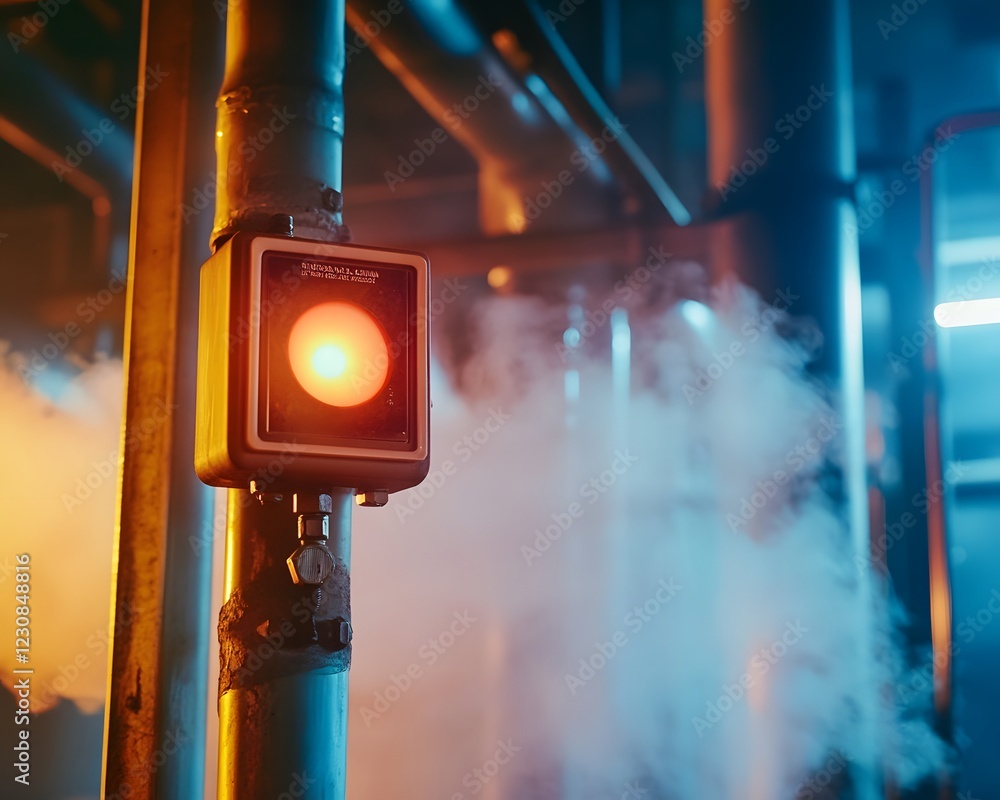 Aufkleber a close-up view of an illuminated warning signal in an industrial setting, surrounded by steam and m