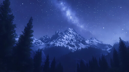 Breathtaking mountain landscape at night with a starry sky and majestic trees. Galactic Ridge. Illustration