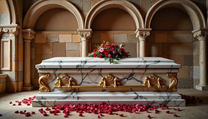 Ornate marble coffin surrounded by rose petals in ancient crypt, elegance