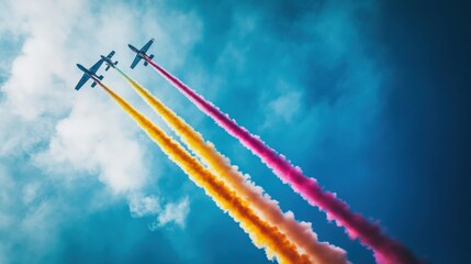 Airplanes perform spectacular stunts with vibrant smoke trails in a clear blue sky during an exhilarating aerial display. Generative AI