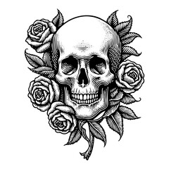 Pointillism Skull with Roses Vintage Engraving