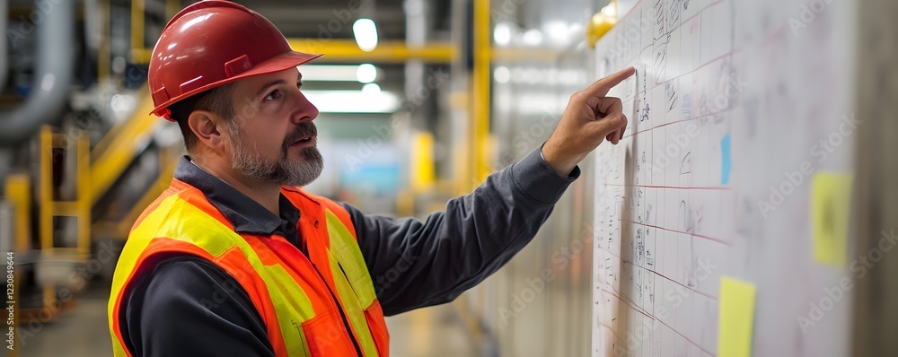 Poster a focused industrial worker in a safety helmet analyzes project plans on a wall in a busy factory se