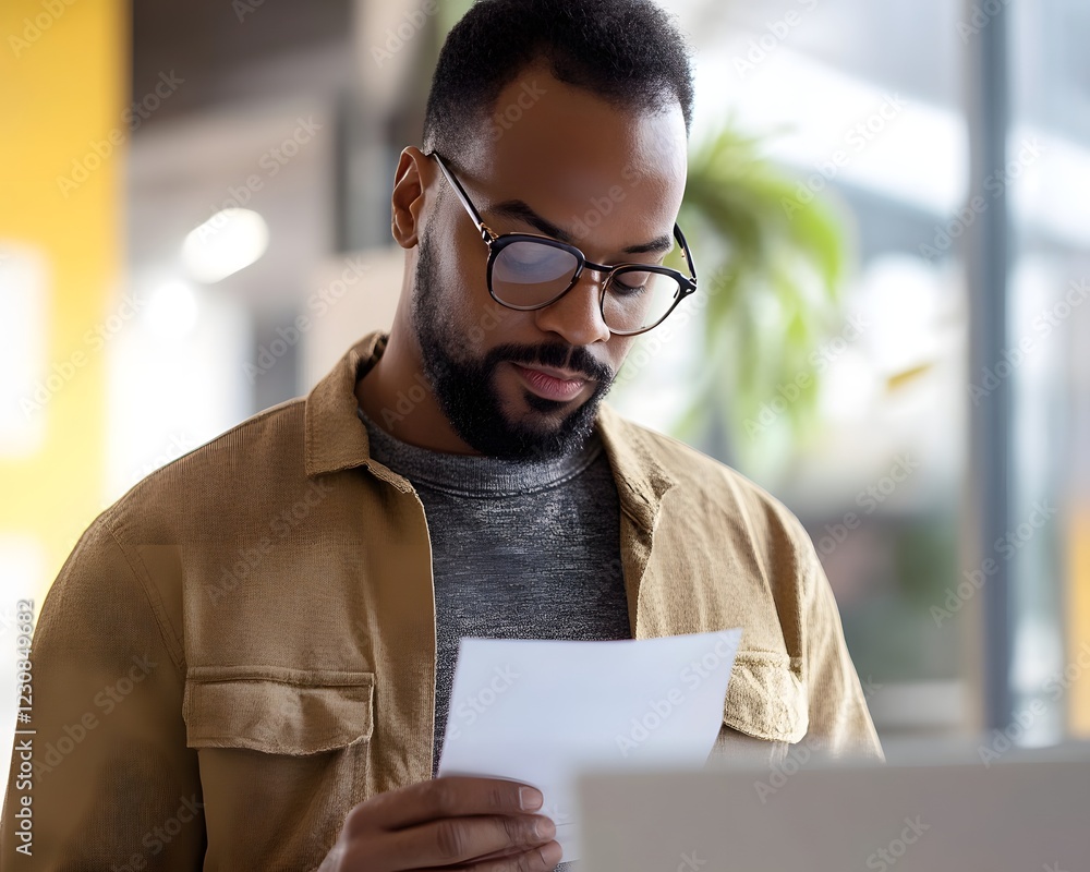 Poster a focused man is reading a document while standing in a modern office environment. natural light enh