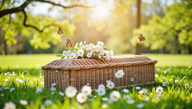 Elegant woven willow coffin adorned with flowers in spring meadow, tranquility