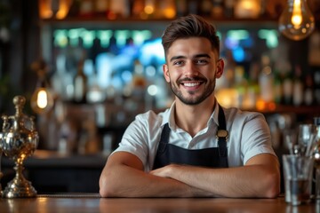 Fototapeta premium portrait of a young smiling Moldovan male bartender against blurred bar background