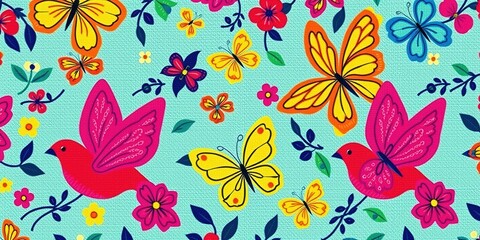 Whimsical Boho Birds and Butterflies Fabric Design