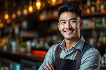 portrait of a young smiling Mongolian male bartender against blurred bar background