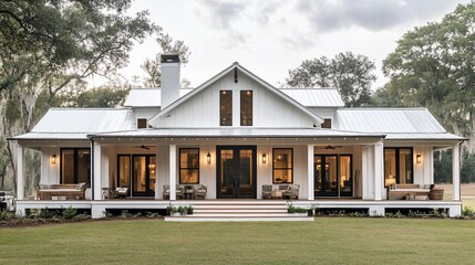 Modern farmhouse with white siding, dark trim, porch, and a large front yard under a cloudy sky