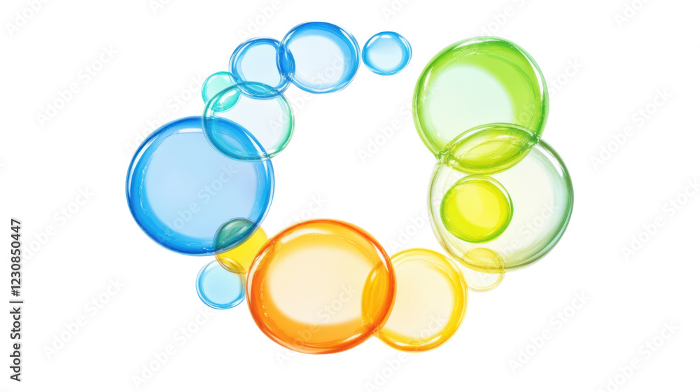 Poster soap bubbles floating forming a circle on a transparent background