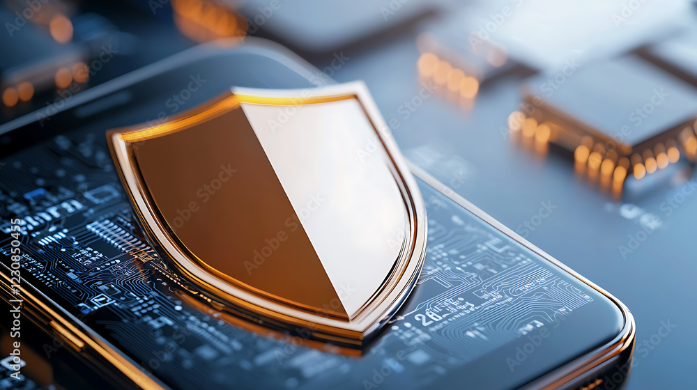 Poster digital shield protecting smartphone from cyber threats in a high-tech environment graphic represent