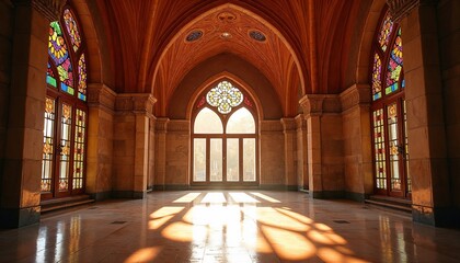 Fototapeta premium majestic hammam hall with gothic arches, stained glass windows, golden sunlight reflections, luxurious oriental interior, and high vaulted ceilings