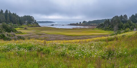 Obraz premium Coastal landscape with grass and sea water beach. Ocean horizon background.