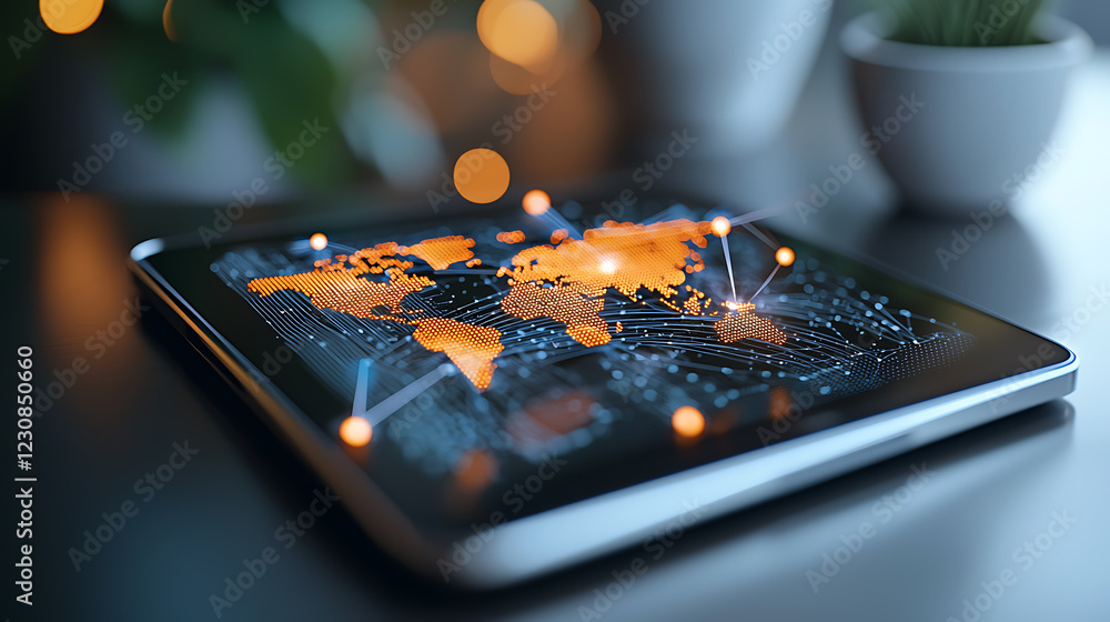 Poster digital tablet showcasing secure data connections across global networks modern office environment h