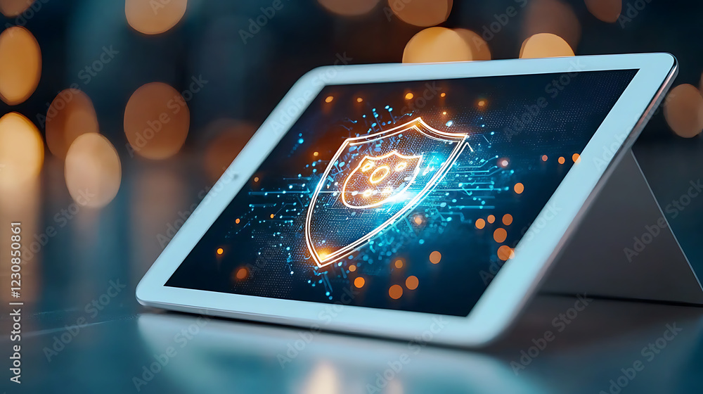 Poster digital tablet displaying secure connections with glowing shield modern office technology visuals di