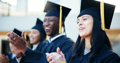 Smile, woman and students for applause of graduation ceremony, class announcement and celebration. Happy, people and clapping of education achievement, qualification success and award congratulations