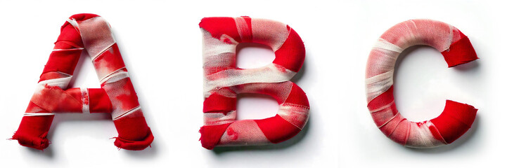 Letters A, B, C. Bandaged Alphabet: Wounded Letters with Blood Stains