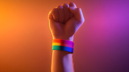On a background with a purple and yellow gradient, a hand in a fist is raised up, on the wrist is a rainbow bracelet. The LGBT equality movement and the concept of Valentine's Day and gender equality.