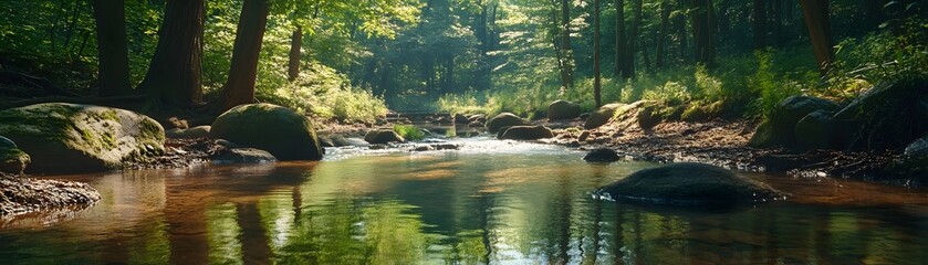 Obraz premium A serene landscape showcasing a tranquil stream flowing through lush, green forests. Sunlight filters through the trees, creating a peaceful atmosphere in nature's embrace.