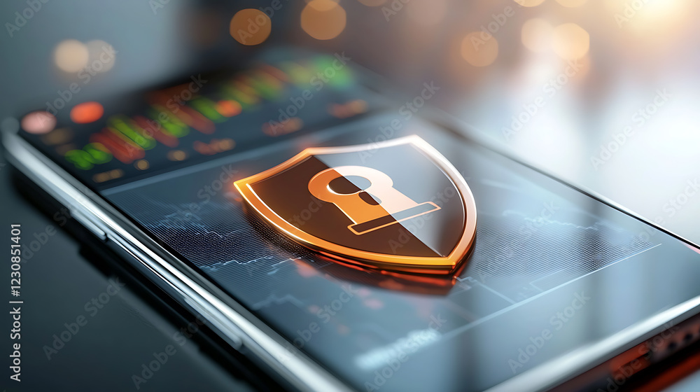 Aufkleber analyzing financial graphs on smartphone screens with security overlay in a modern office environmen