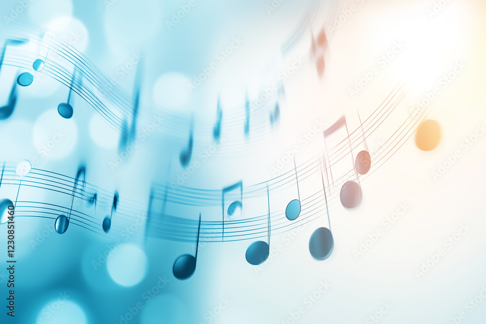 Poster beautiful music sheet with floating notes and soft blue background for artistic design
