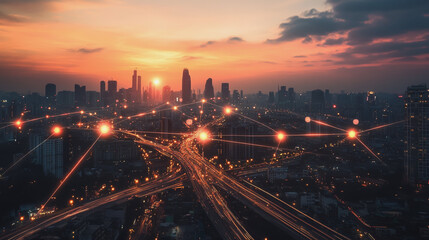 Smart digital Innovation city with connection network reciprocity over the cityscape. of future smart wireless digital city and social media networking systems that connects people with in city