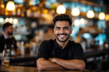 Obraz premium portrait of a young smiling Peruvian male bartender against blurred bar background