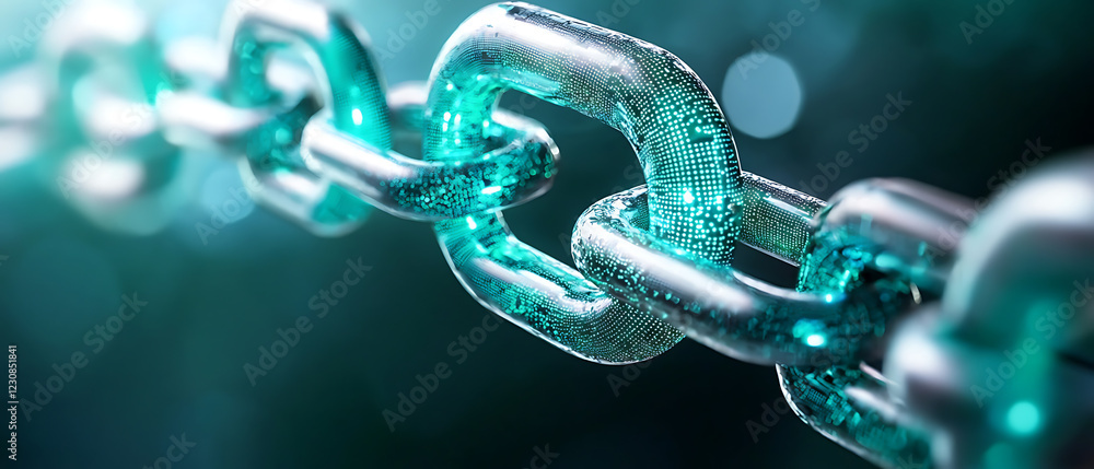 Poster futuristic blockchain chain glowing green and blue digital technology concept abstract visual cyber 