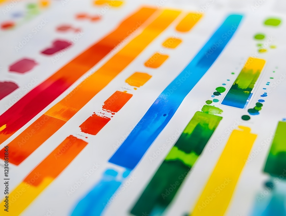 Poster a vibrant and colorful display of watercolor strokes and splashes on textured paper, showcasing an a
