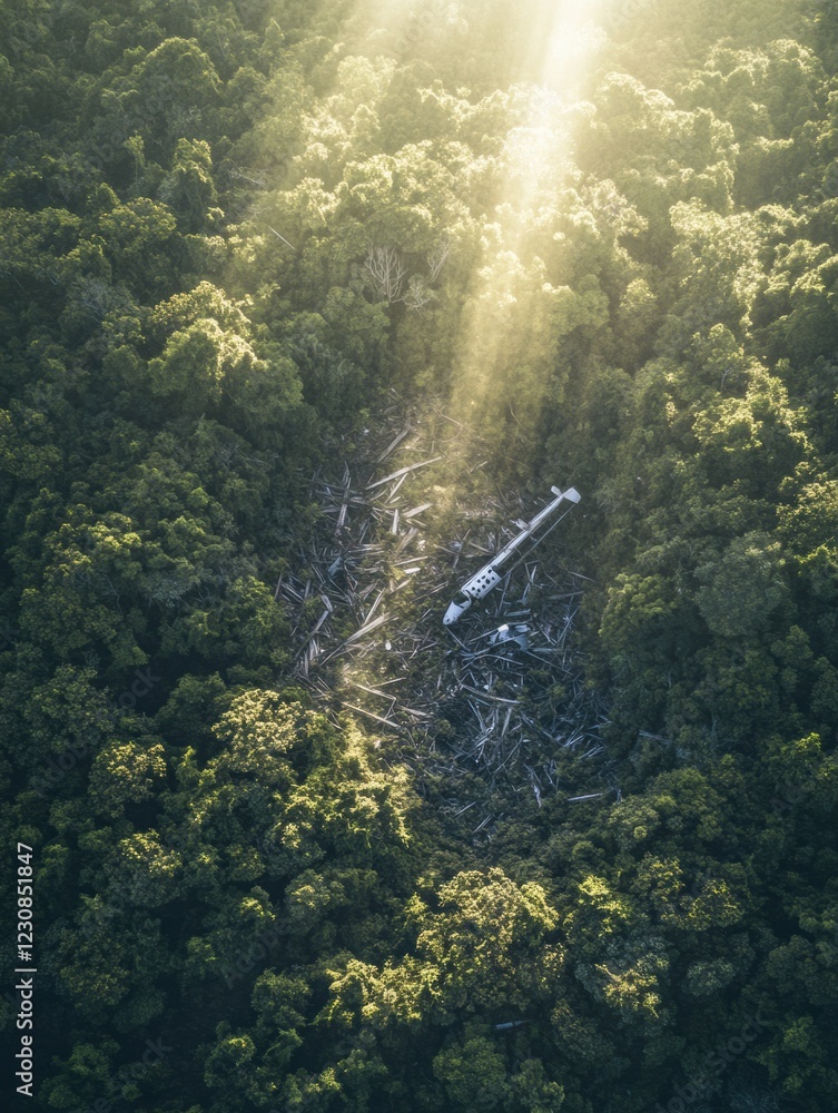 Aufkleber densely forested area reveals airplane debris within a clearing surrounded by towering trees and sun