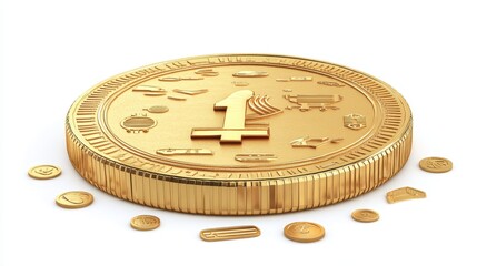 A golden coin with financial icons around, economic concept, high detail, isolated on white background.