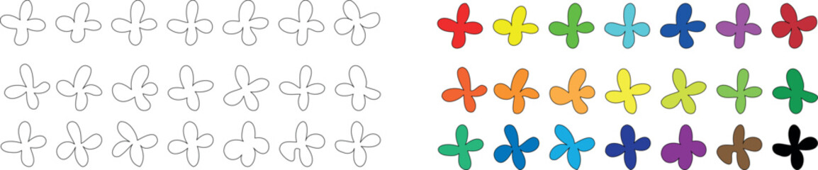 Doodle four petals outline, vector set of daisies for stencil, cartoon flowers silhouette on transparent background, colored flowers