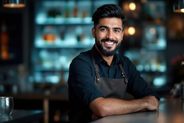 Obraz premium portrait of a young smiling Qatari male bartender against blurred bar background