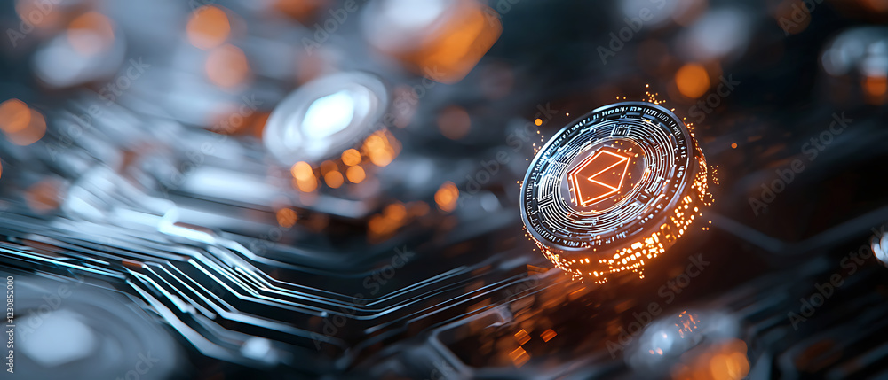 Poster floating futuristic blockchain symbols in a glowing digital environment abstract technology concept 