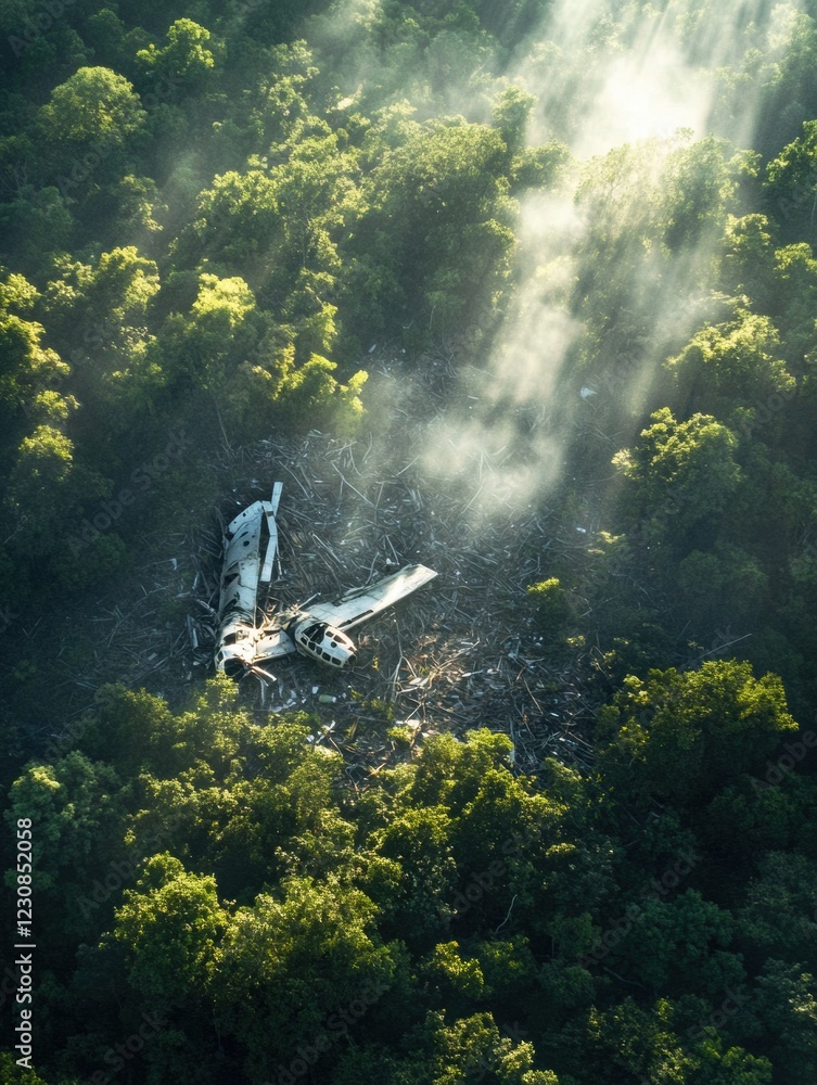 Aufkleber aerial view of an aircraft wreckage amidst a dense forest clearing under soft sunlight. generative a