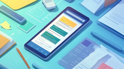 Digital Workspace with Mobile Device and Paperwork in a Flat Lay Perspective