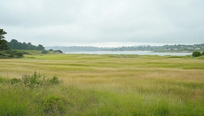 Coastal landscape with grass and sea water beach. Ocean horizon background.