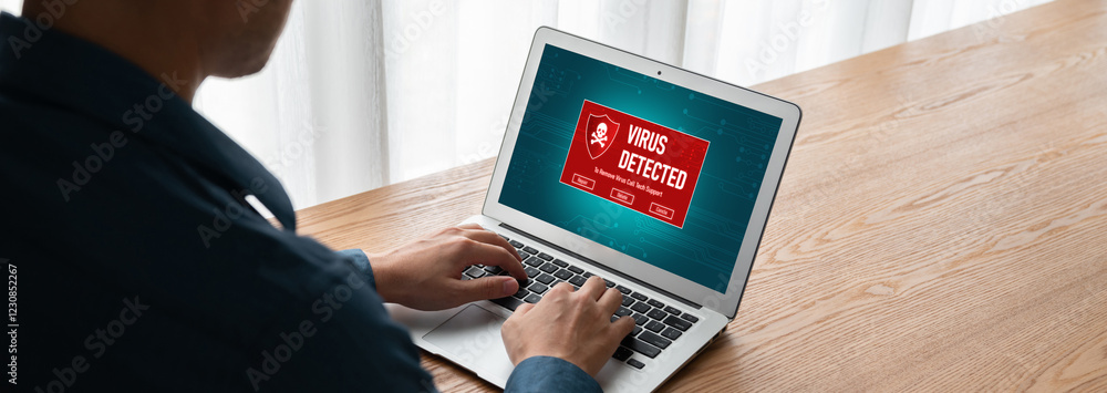 Poster virus warning alert on computer screen detected modish cyber threat , hacker, computer virus and mal