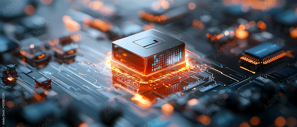 Poster futuristic internet security concept featuring glowing technology on circuit board digital environme