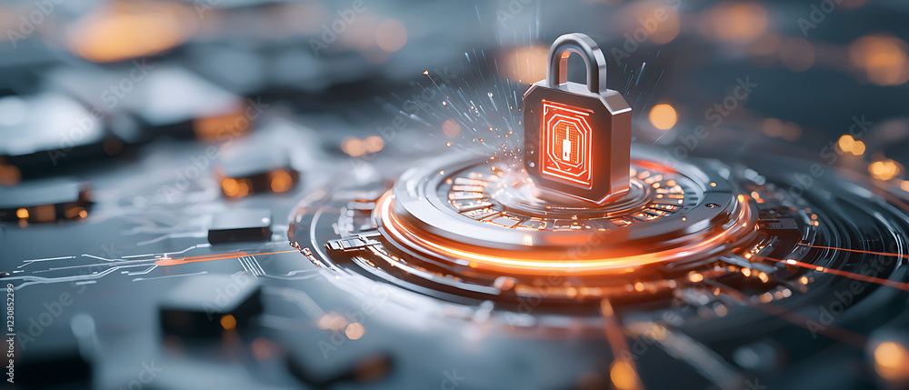 Poster futuristic internet security concept featuring a glowing lock digital workspace visual graphic high-