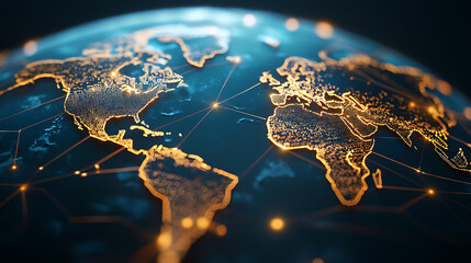 Futuristic financial systems and glowing global grids digital world map 3d visualization technology environment aerial view global connectivity concept