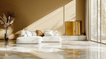 Modern living room, sunlight, sectional sofa, marble floor, minimalist decor, home interior design, for real estate or interior design websites