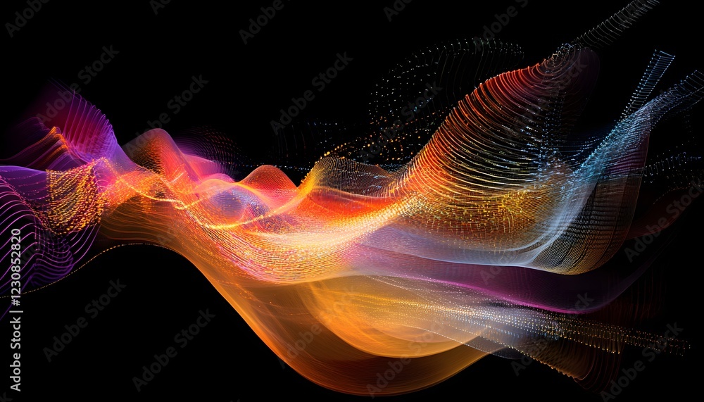 Poster an abstract composition of colorful waves flowing against a black background, creating a sense of mo