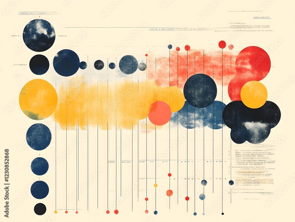 Poster an abstract data visualization chart featuring colorful circles and lines, representing complex info