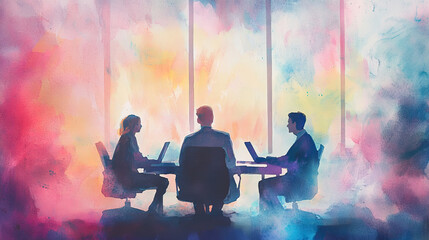 Three Professionals in Meeting with Laptops Surrounded by Colorful Light