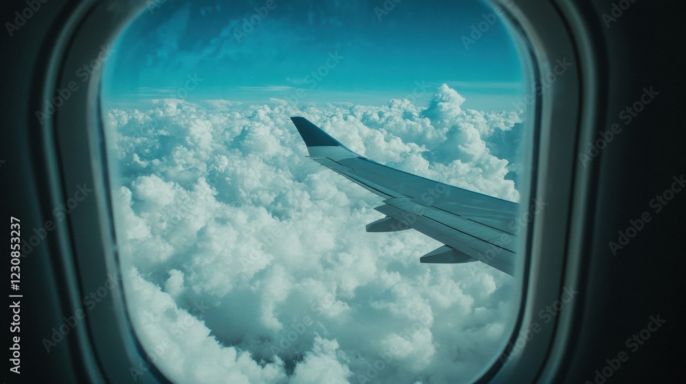 Aufkleber view of an airplane wing flying over fluffy clouds and bright blue sky from a passenger window. gene