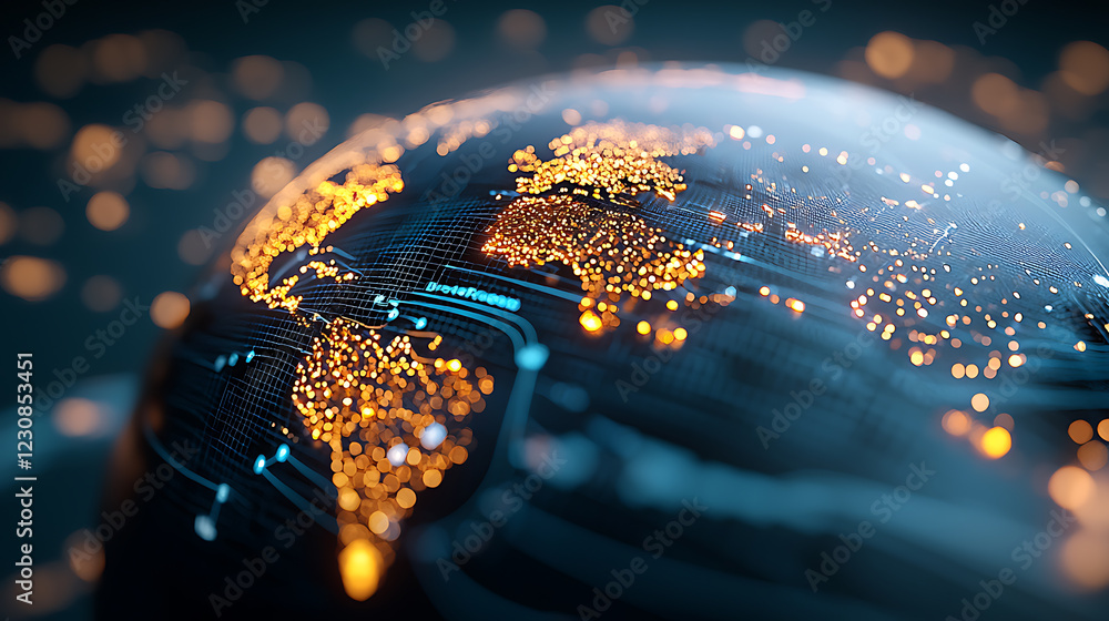 Poster illuminated global finance networks world map digital visualization high-tech environment aerial vie