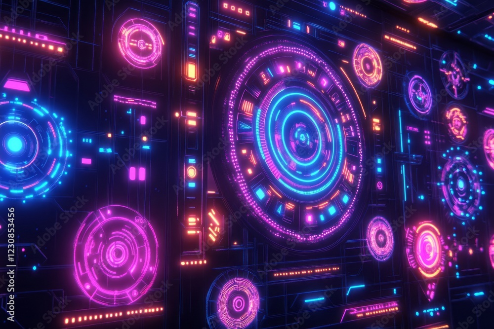 Poster futuristic neon tech interface with glowing circular panels and digital elements.