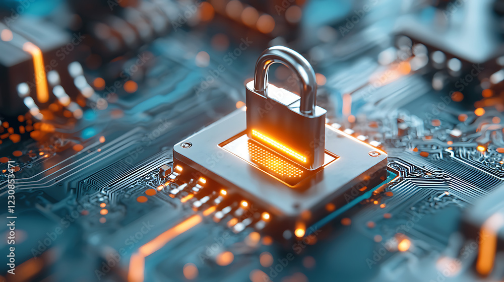 Poster enhancing digital security with glowing locks technology solutions for health systems in futuristic 