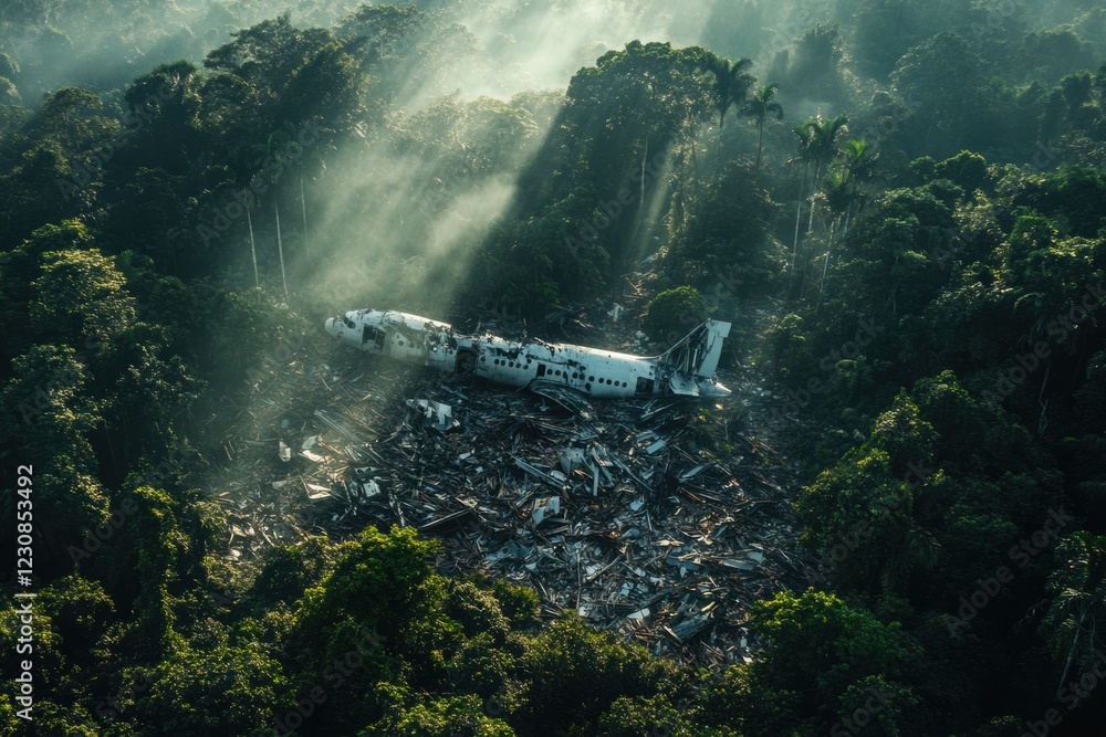 Poster dense forest with airplane debris highlighting a clearing filled with wreckage in an aerial view dur